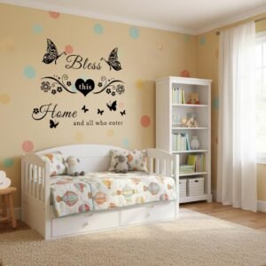 Wall Stickers Quotes Wall Art Decal Sticker Bless This Home and All Who Enter Wall Decals Flowers Butterfly Wall Decor Sticker for Entryway Living Room Home Decor.