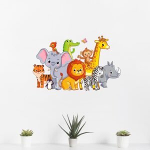 Jungle Animal Wall Sticker for Kids Room Cute Safari Theme Wall Decal Cartoon Zoo Animal Design for Nursery Bedroom Playroom Kindergarten Living Room Home Decoration Removable Waterproof