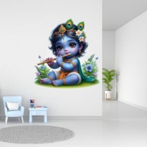 Krishna Wall Sticker, Large Decorative Hindu Deity Sticker for Living Room, Floral Design with Peacock Feathers
