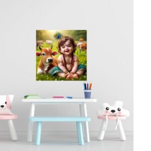 Cryptofeno Traditional Krishna Poster Wall Sticker Art Print with Cow, Religious Spiritual Decor Photography, 40 x 40cm