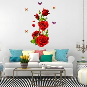 Red Rose Flowers with Butterflies Wall Sticker, Decorative Floral Wall Sticker, Removable Home Decor