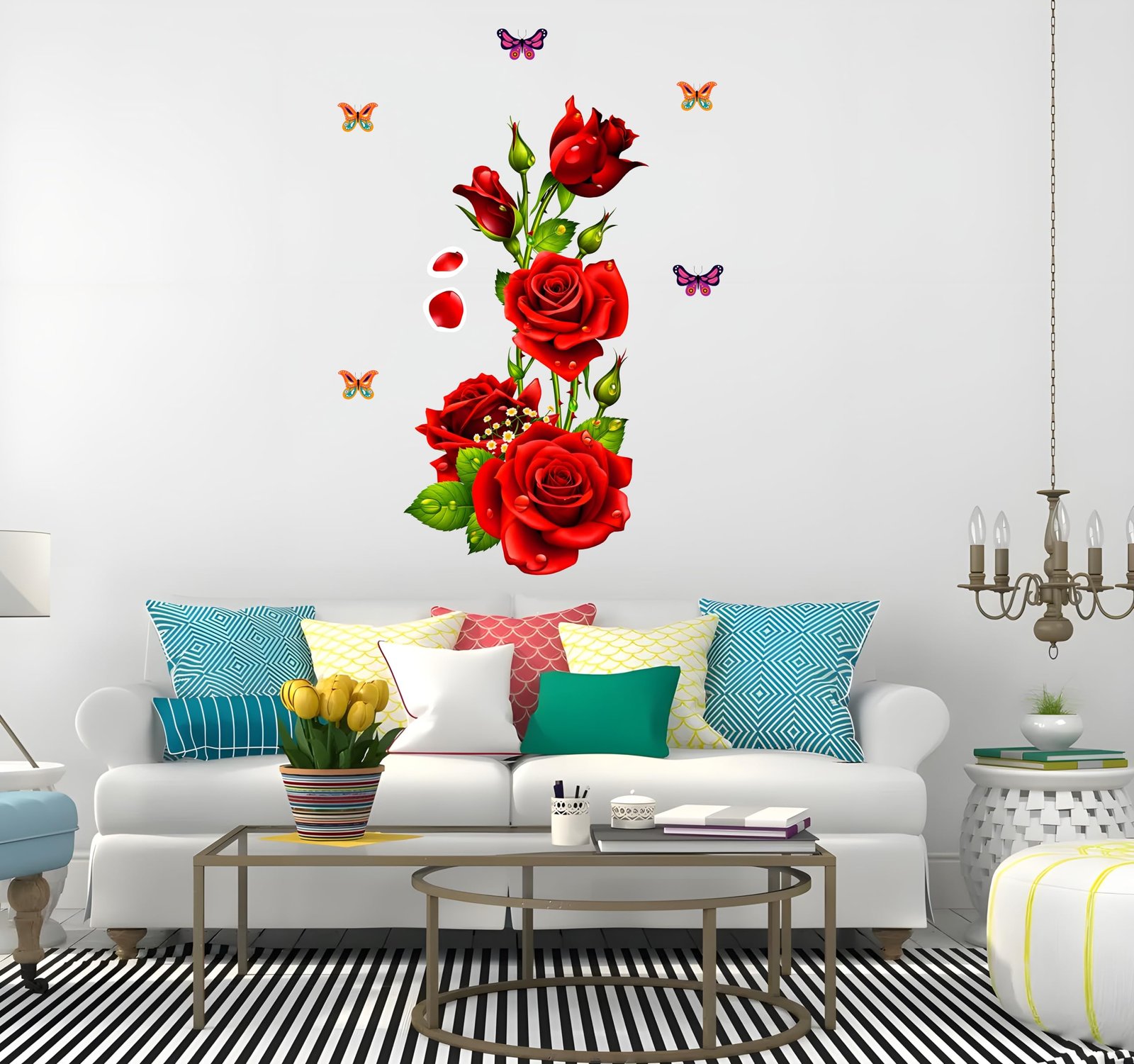 Red Rose Flowers with Butterflies Wall Sticker, Decorative Floral Wall Sticker, Removable Home Decor